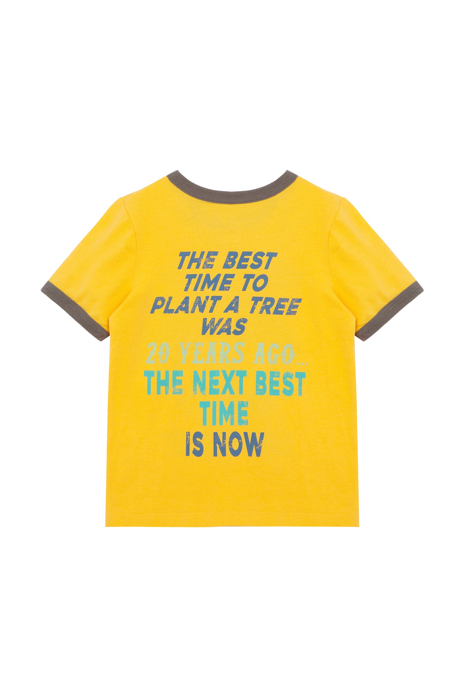 Back of yellow and brown t-shirt with 'the best time to plant a tree' text