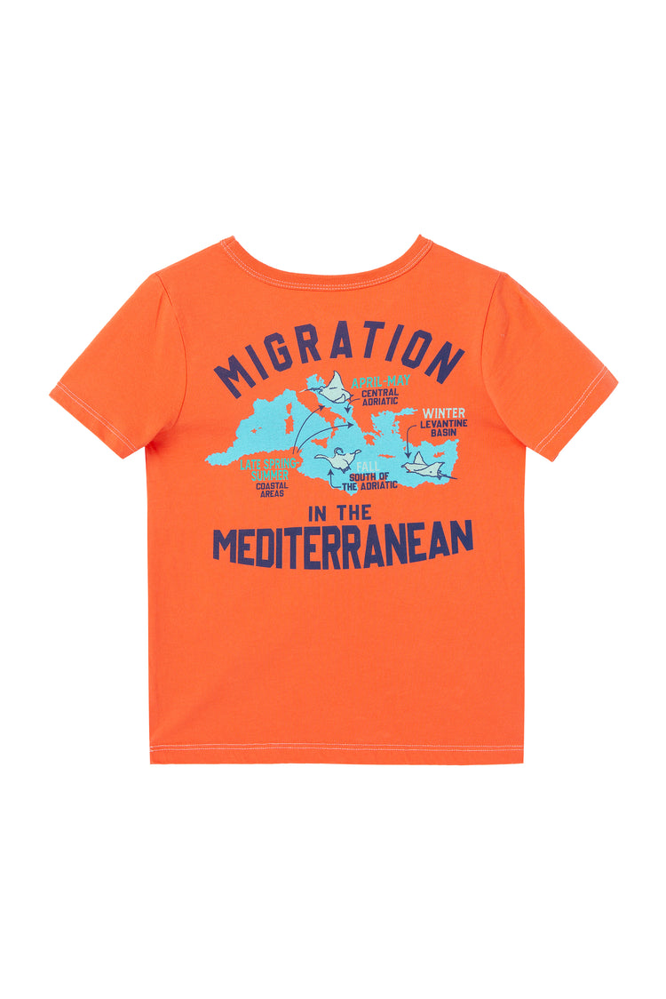 Front view Orange tee with blue image of the Mediterranean map