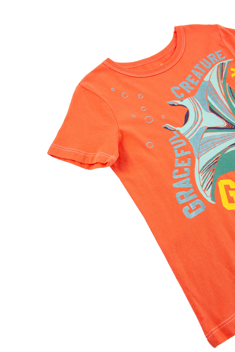 Close up Orange tee with blue image of the Mediterranean map