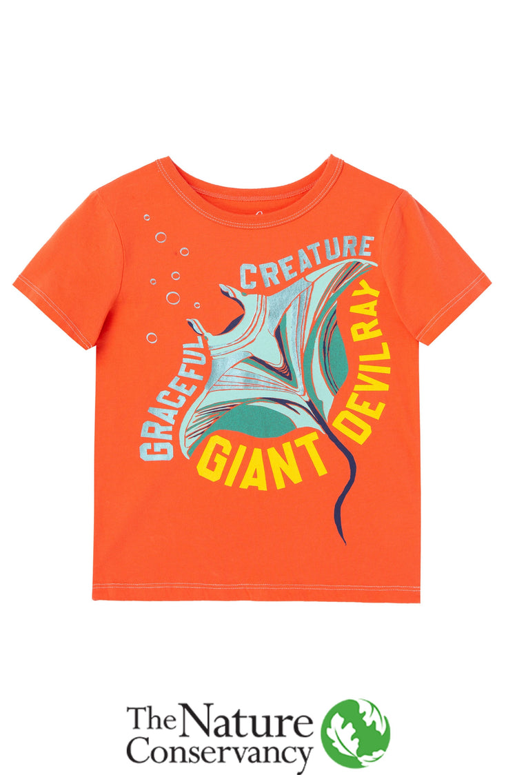 Front view of T-shirt with devil ray image and wording