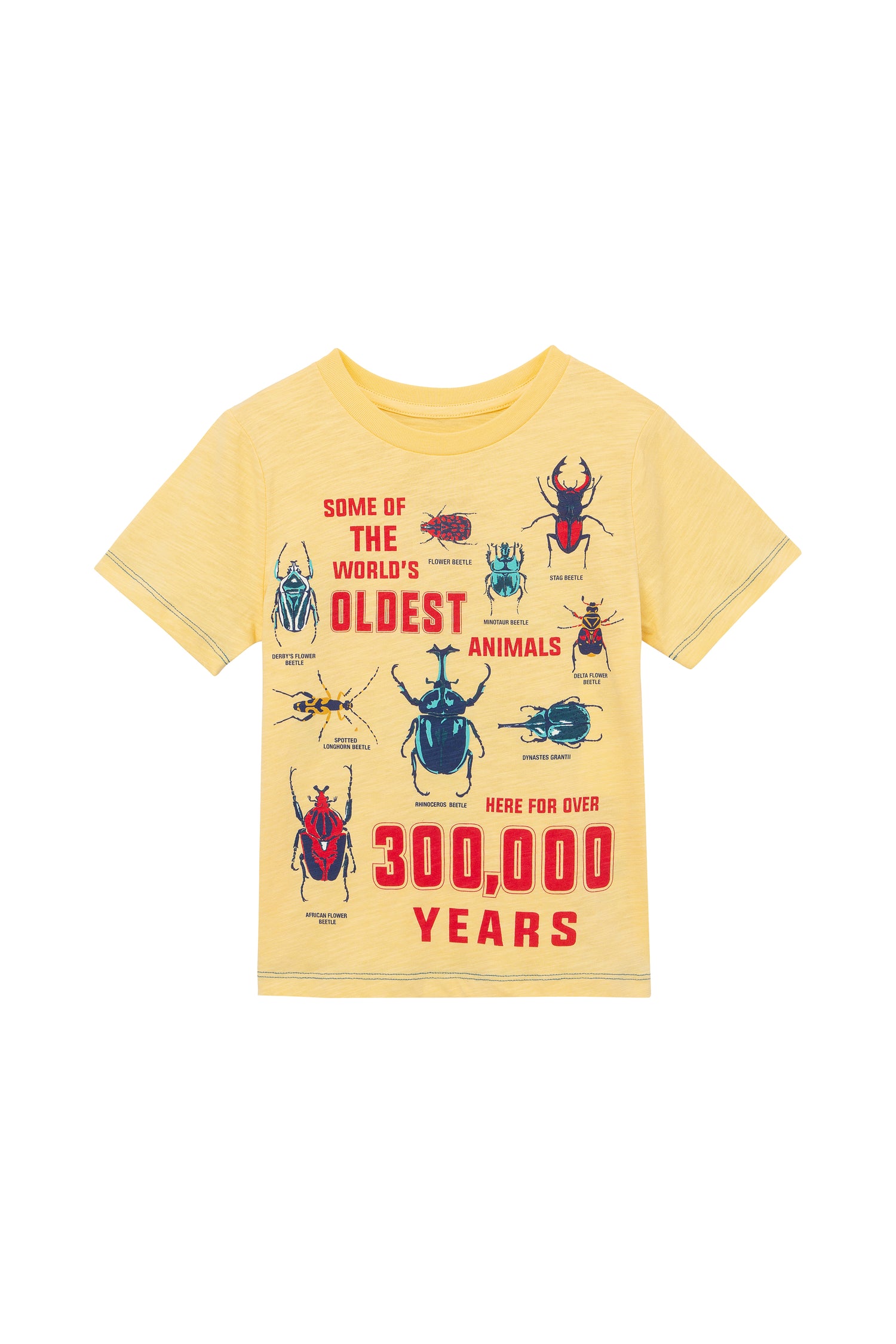 YELLOW T-SHIRT WITH THE LIFE CYCLE OF A BEETLE GRAPHICS