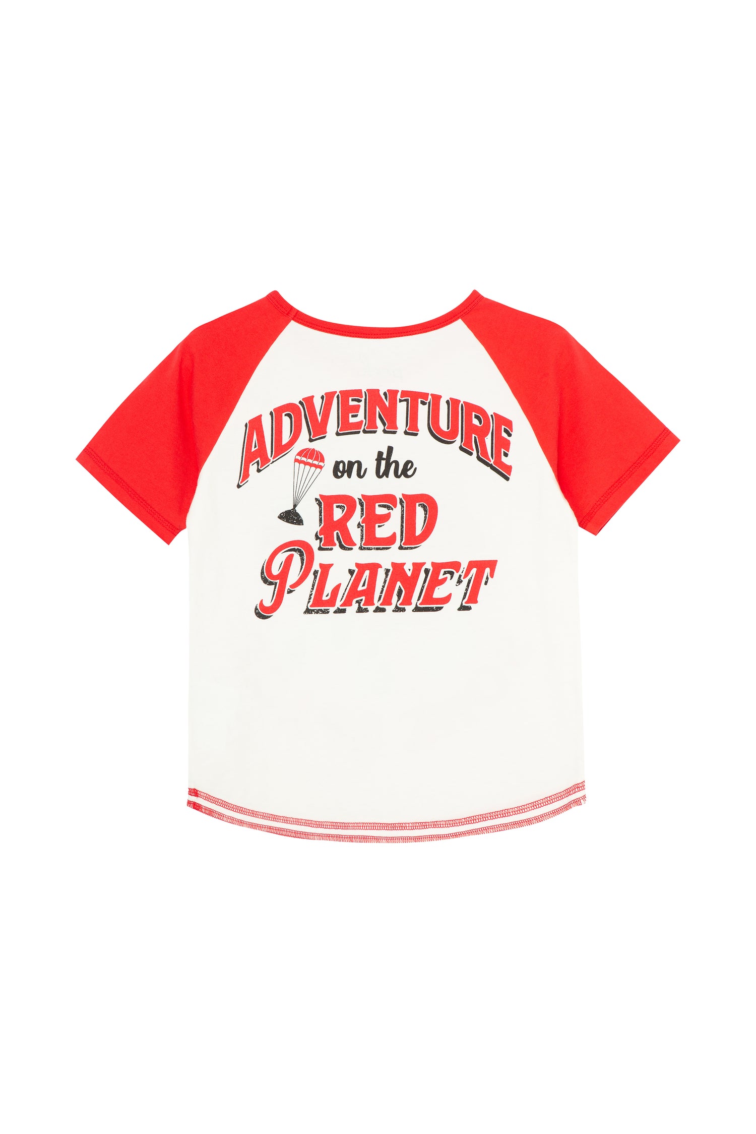 BACK OF RED AND WHITE RAGLAN T-SHIRT WITH "ADVENTURE ON THE RED PLANET"