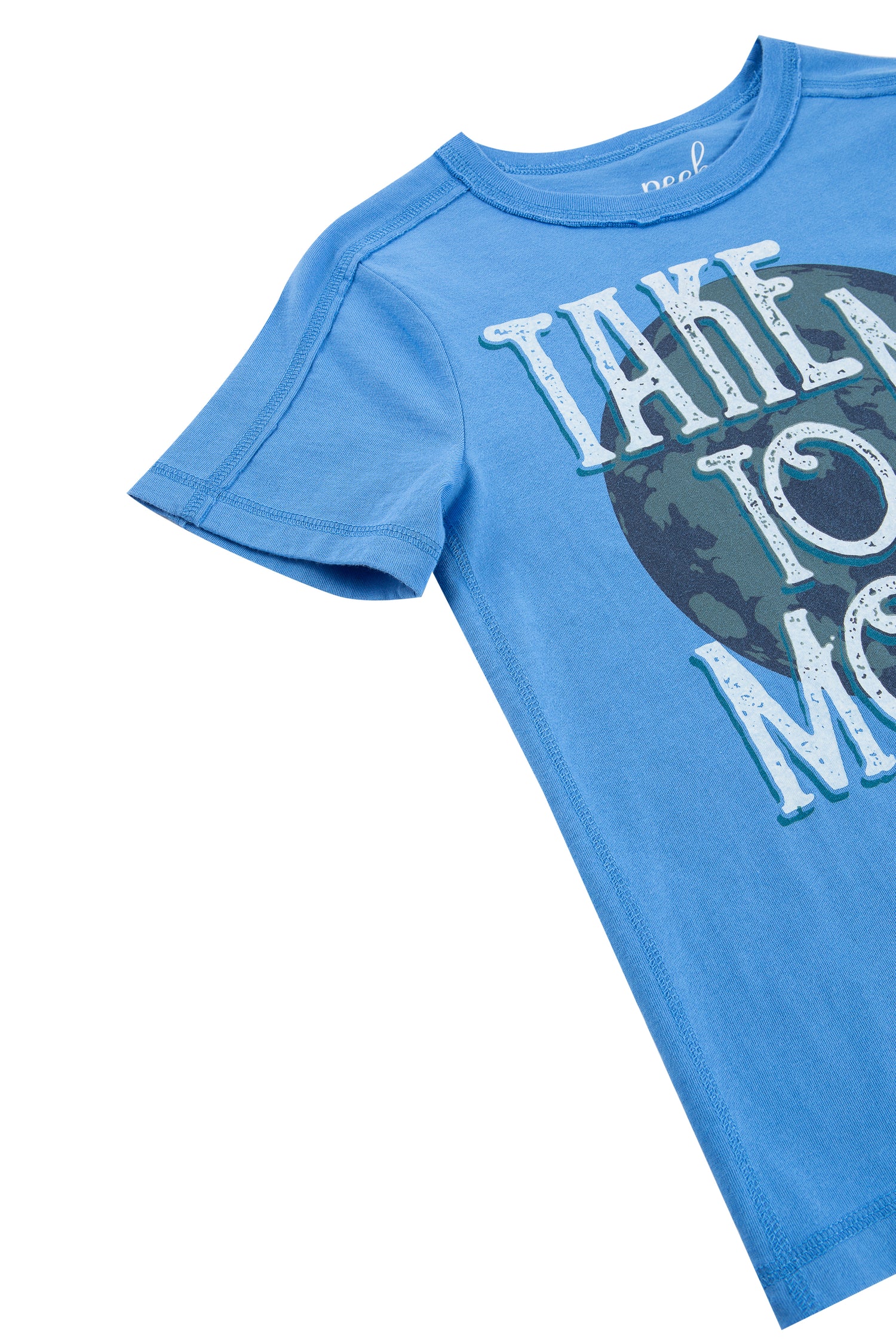 CLOSE UP OF BLUE T-SHIRT WITH "TAKE ME TO THE MOON"