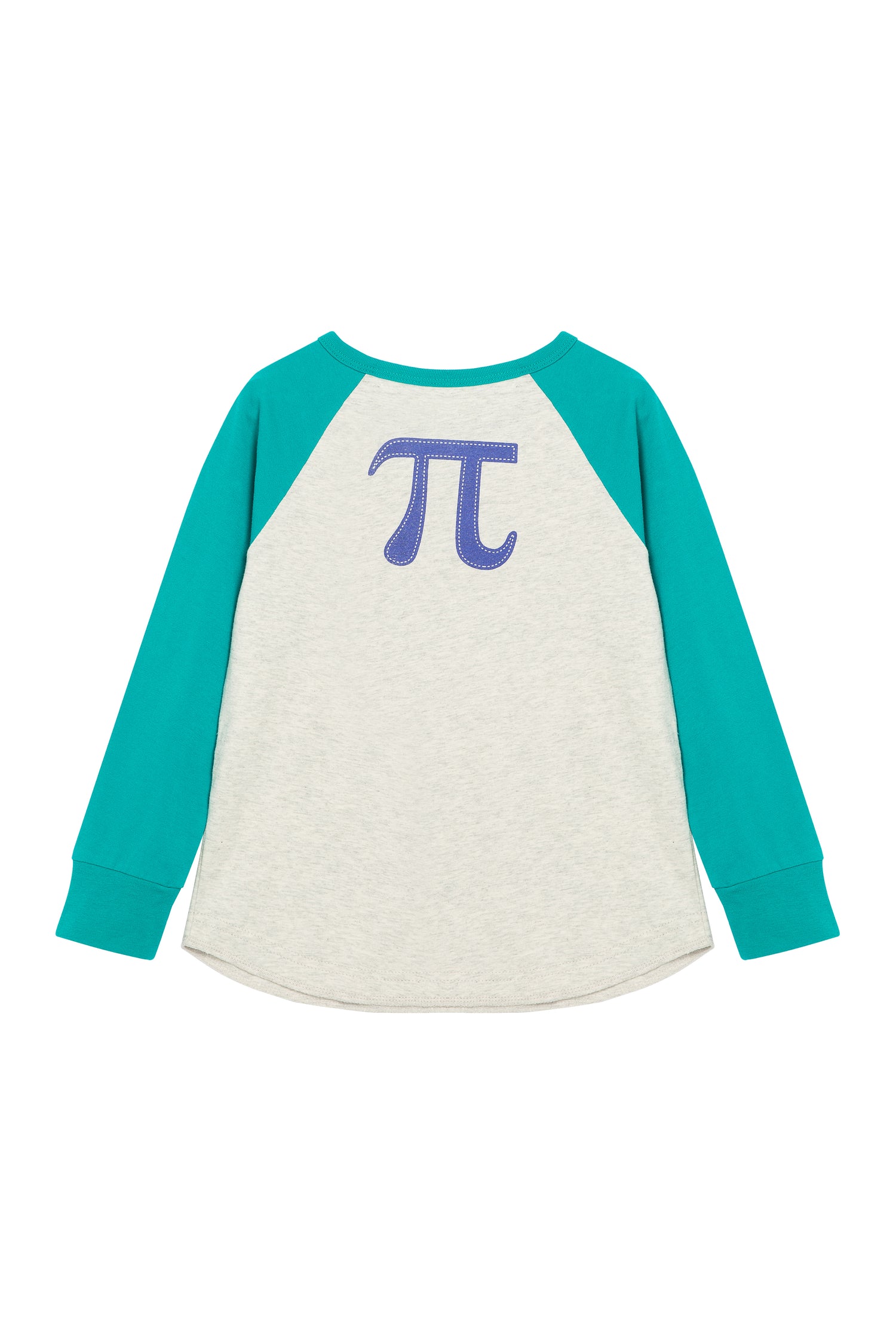 Back of turquoise and gray long-sleeve t-shirt with pi symbol