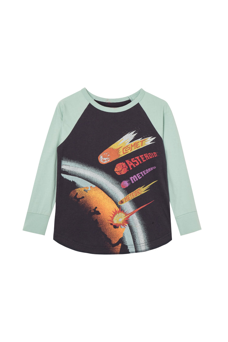 Green-and-black long-sleeve t-shirt with drawings & text of meteor, asteroid, meteoroids & meteorite