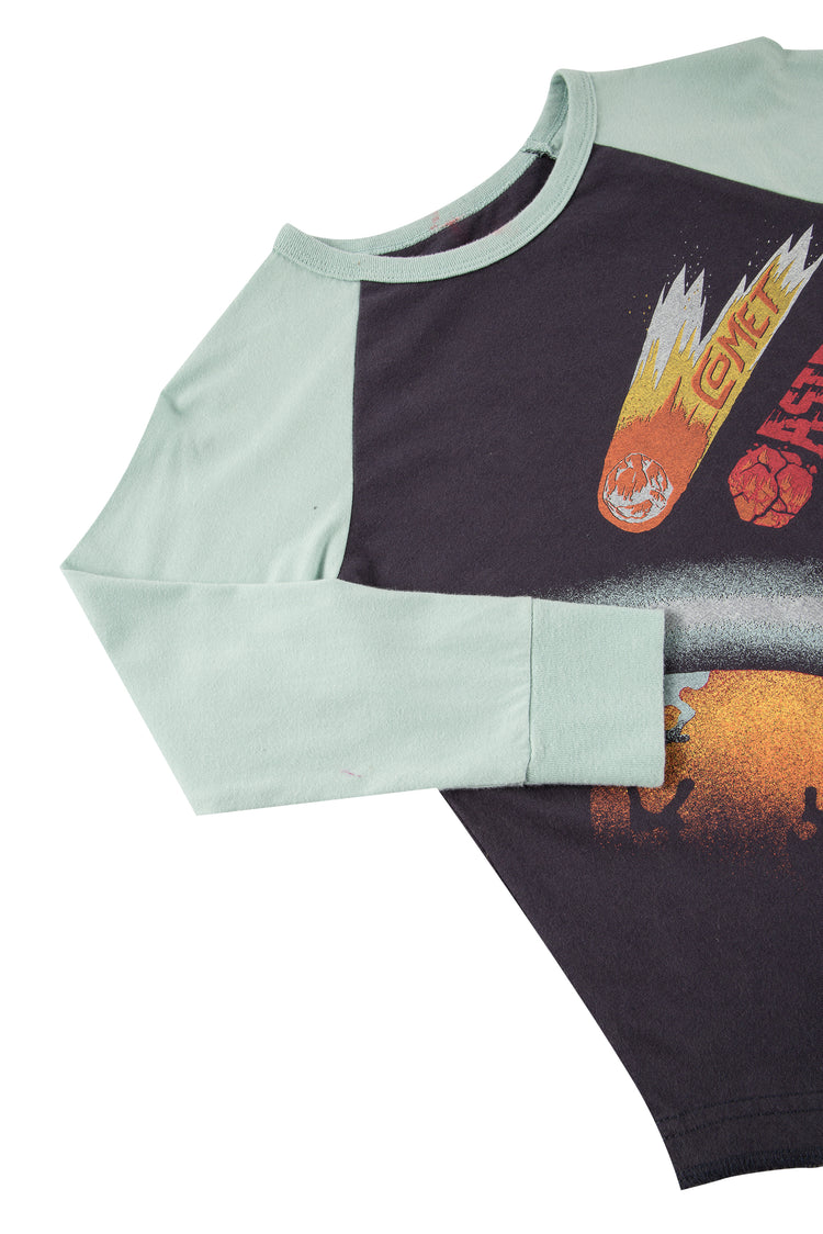 Close up of green-and-black long-sleeve t-shirt with drawings & text of meteor, asteroid, meteoroids & meteorite