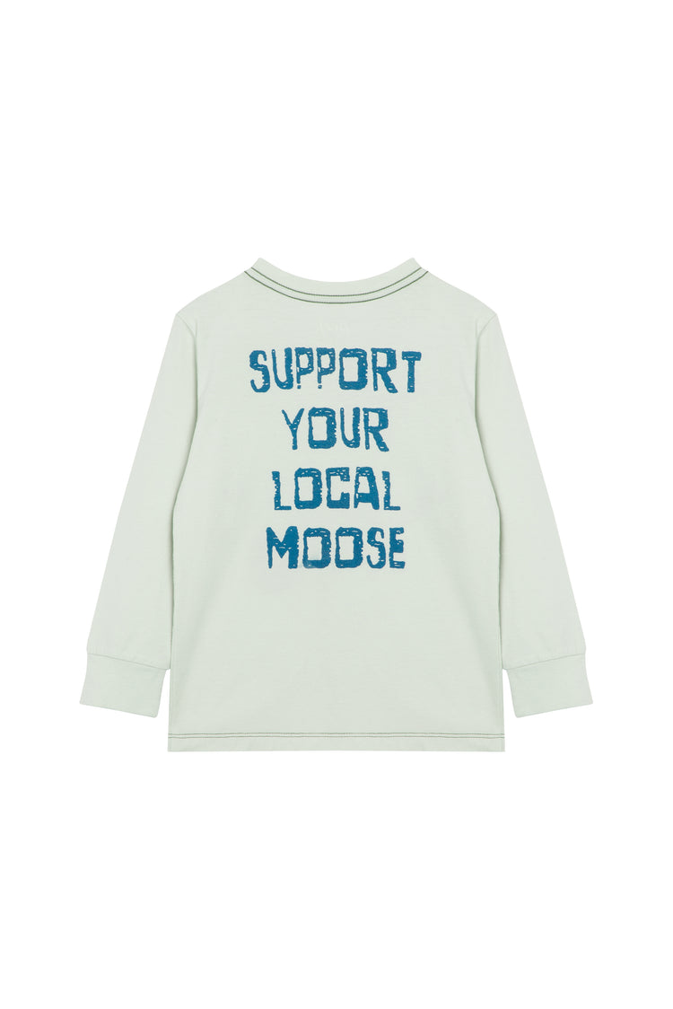 Back of light green sweatshirt with blue "support your local moose" text