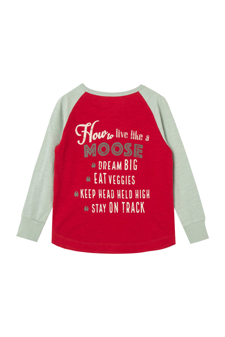 Back view of red moose themed shirt in baseball tee style