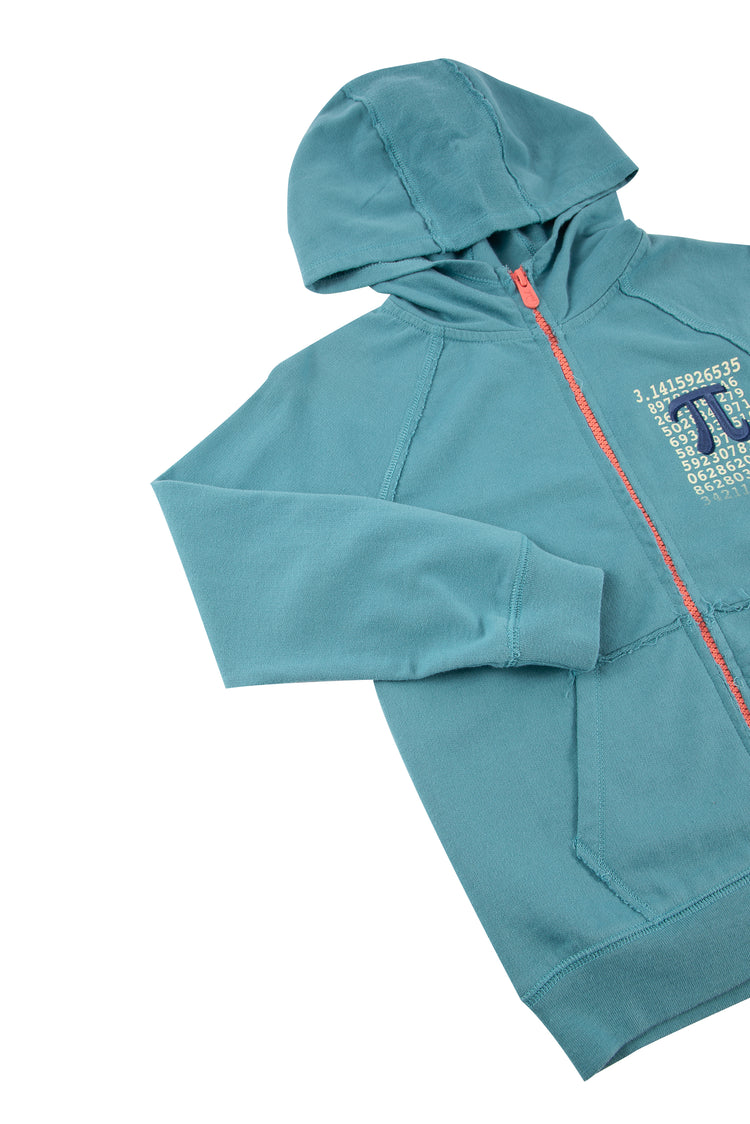Close up of turquoise hoodie with pi symbol on front with first string of numbers