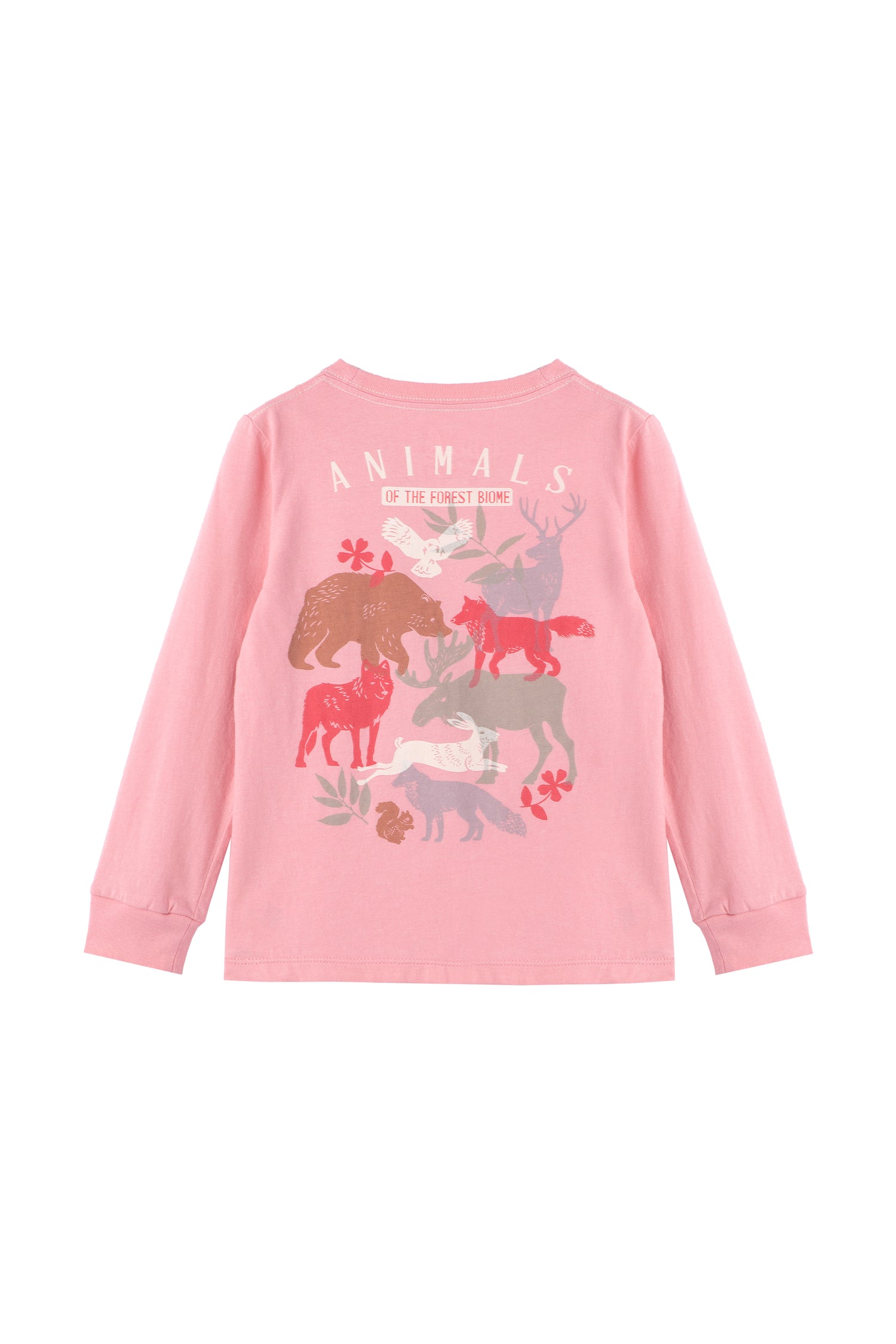 Back of pink long-sleeve t-shirt with various illustrated animals and 'animals of the forest biome' 