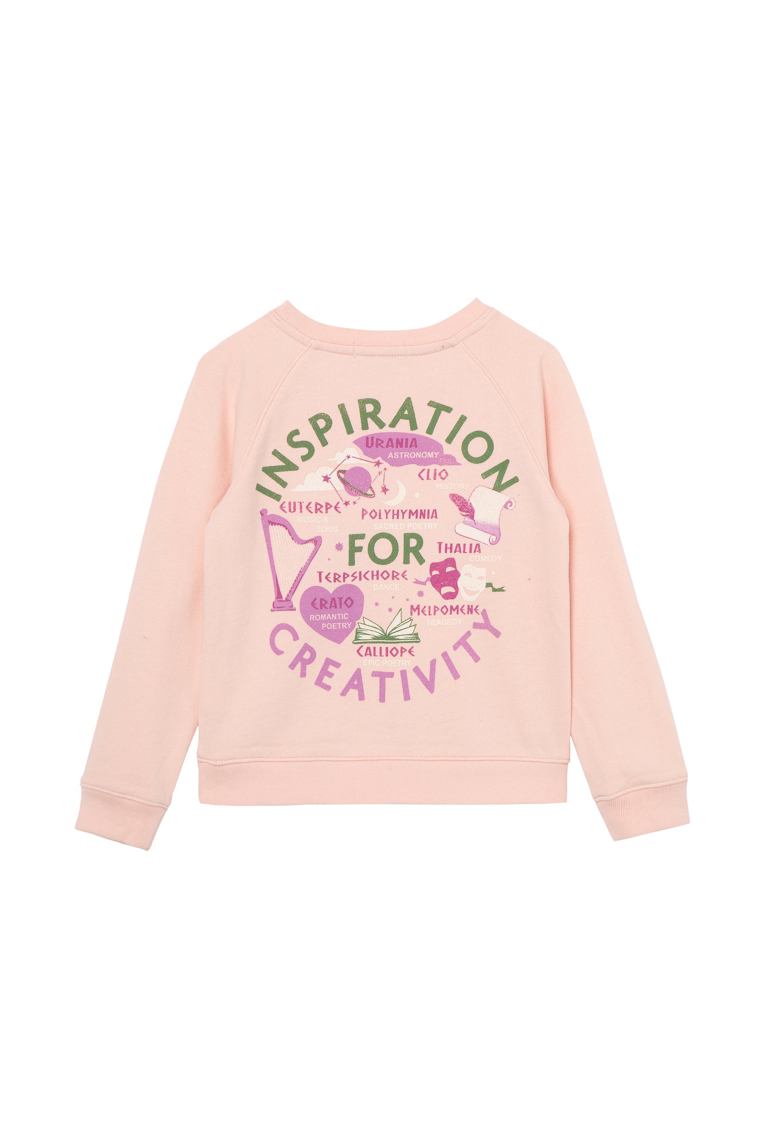 Back of pink sweatshirt with different Greek goddesses, symbols and test 'Inspiration for Creativity'