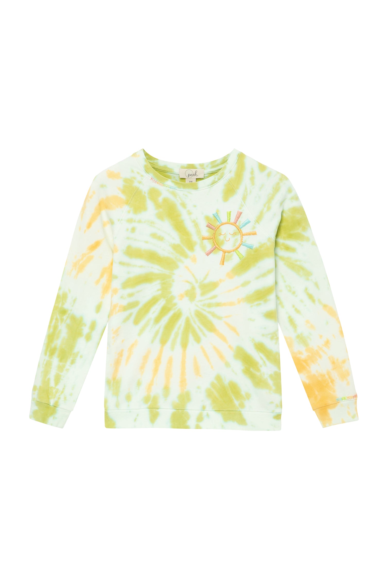 Front view of yellow and green tie dye sweatshirt 