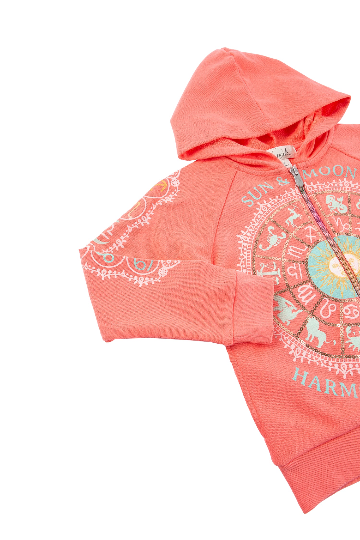 Close up side view of coral hoodie with astrology circle and text on front, zodiacs on sleeves