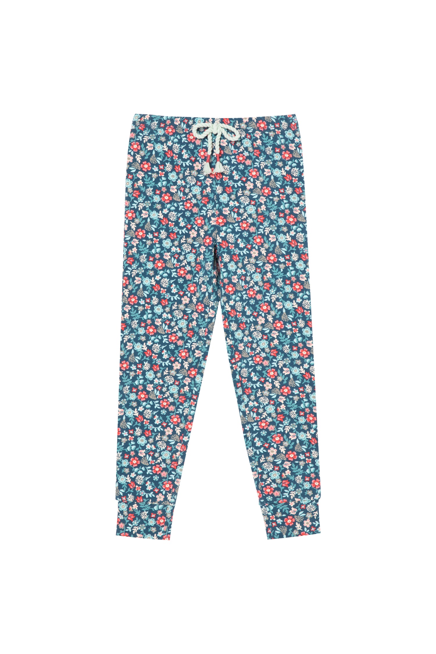 Blue, white, pink and red floral print legging with tassels