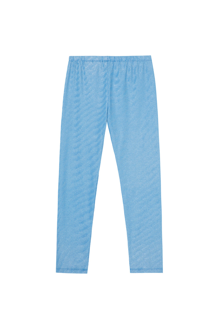 BACK OF LIGHT BLUE METALLIC RIBBED KNIT PULL-ON LEGGINGS