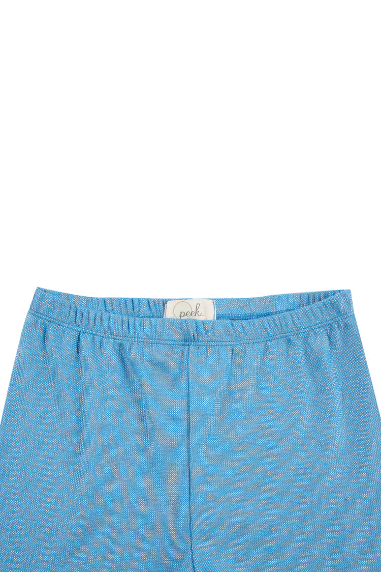 CLOSE UP OF LIGHT BLUE METALLIC RIBBED KNIT PULL-ON LEGGINGS
