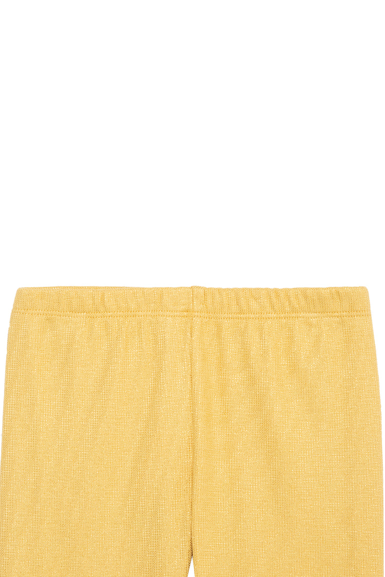 CLOSEUP OF GOLD METALLIC RIBBED KNIT LEGGINGS