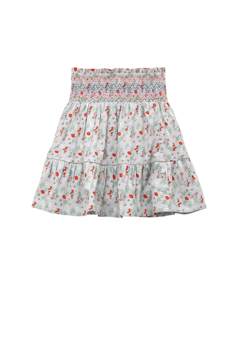 GREY FLORAL PRINT PIXIE SKIRT WITH SMOCKED WAIST