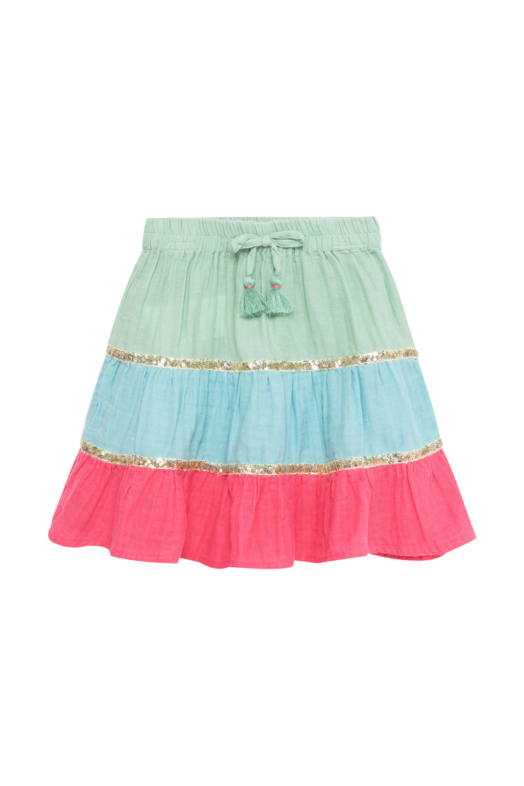 TIERED PULL-ON SKIRT WITH COLORBLOCKING AND SEQUINS