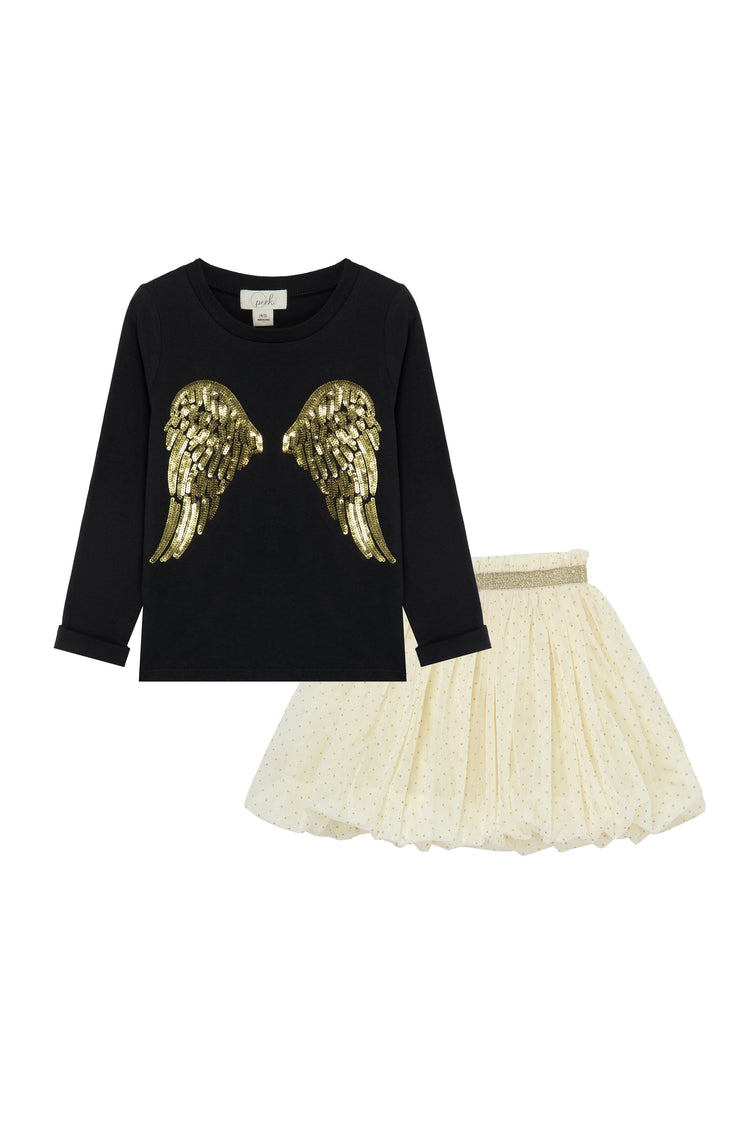 Sequin Angel Wings Long Sleeve Top & Bubble Skirt Set