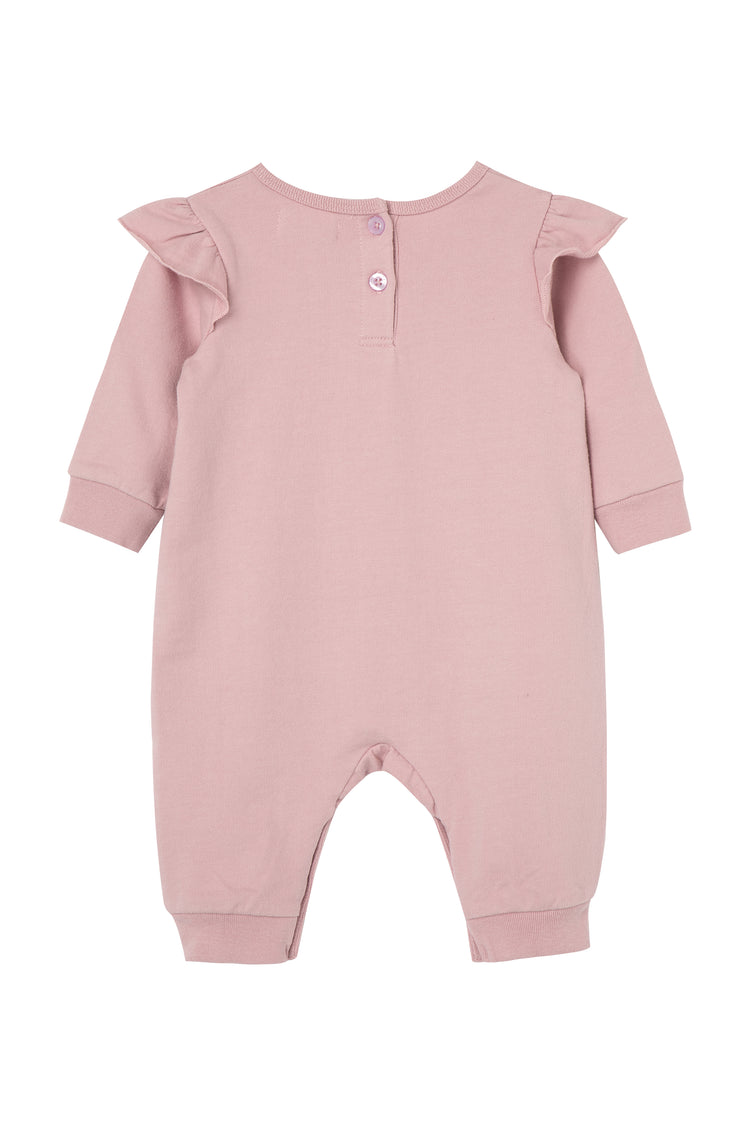 Back view of child's pink  romper 