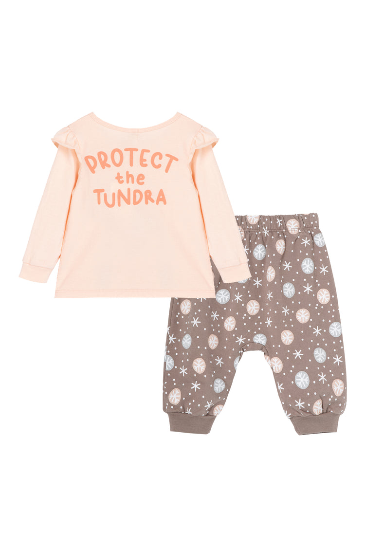 Front view of pink and brown shirt and pant set with "Protect the tundra" wording