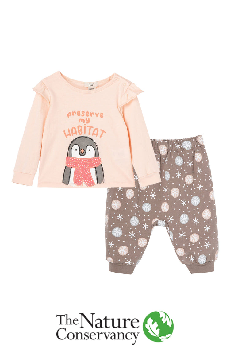 Front view of pink and brown shirt and pant set with penguin image
