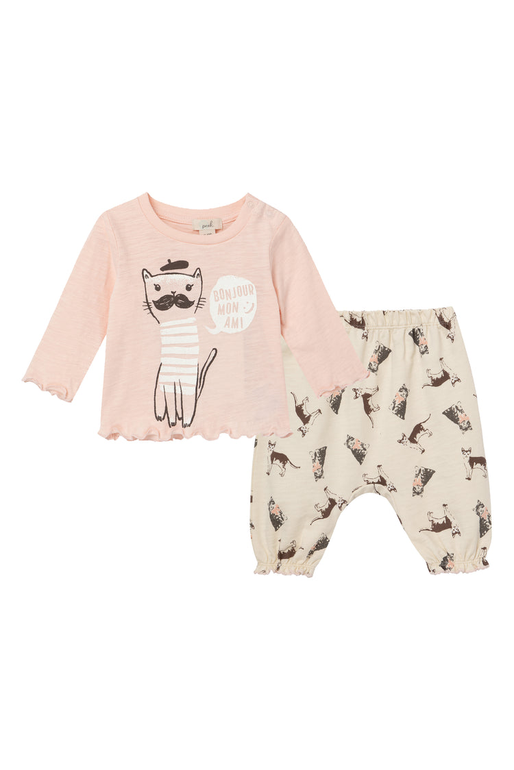Front view of pink shirt and tan pant set with French cat image