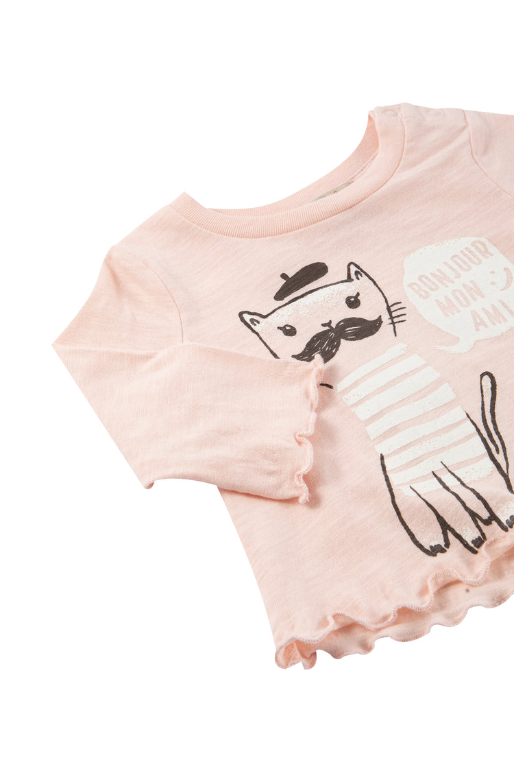 Front view of pink shirt with French cat image
