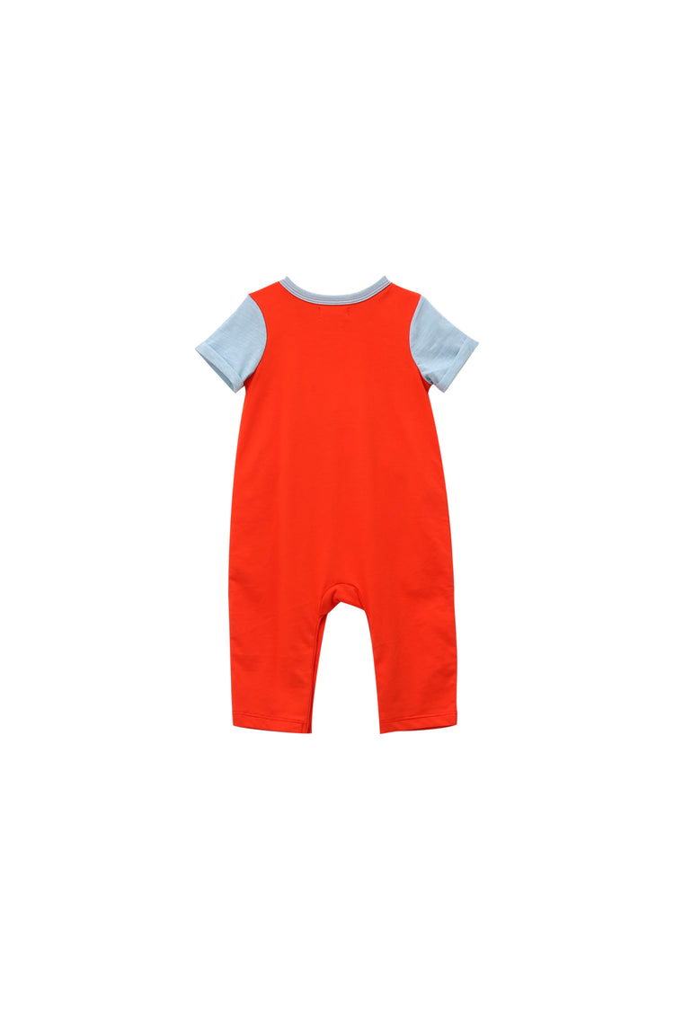 BACK OF RED AND GREY COLORBLOCKED COVERALL