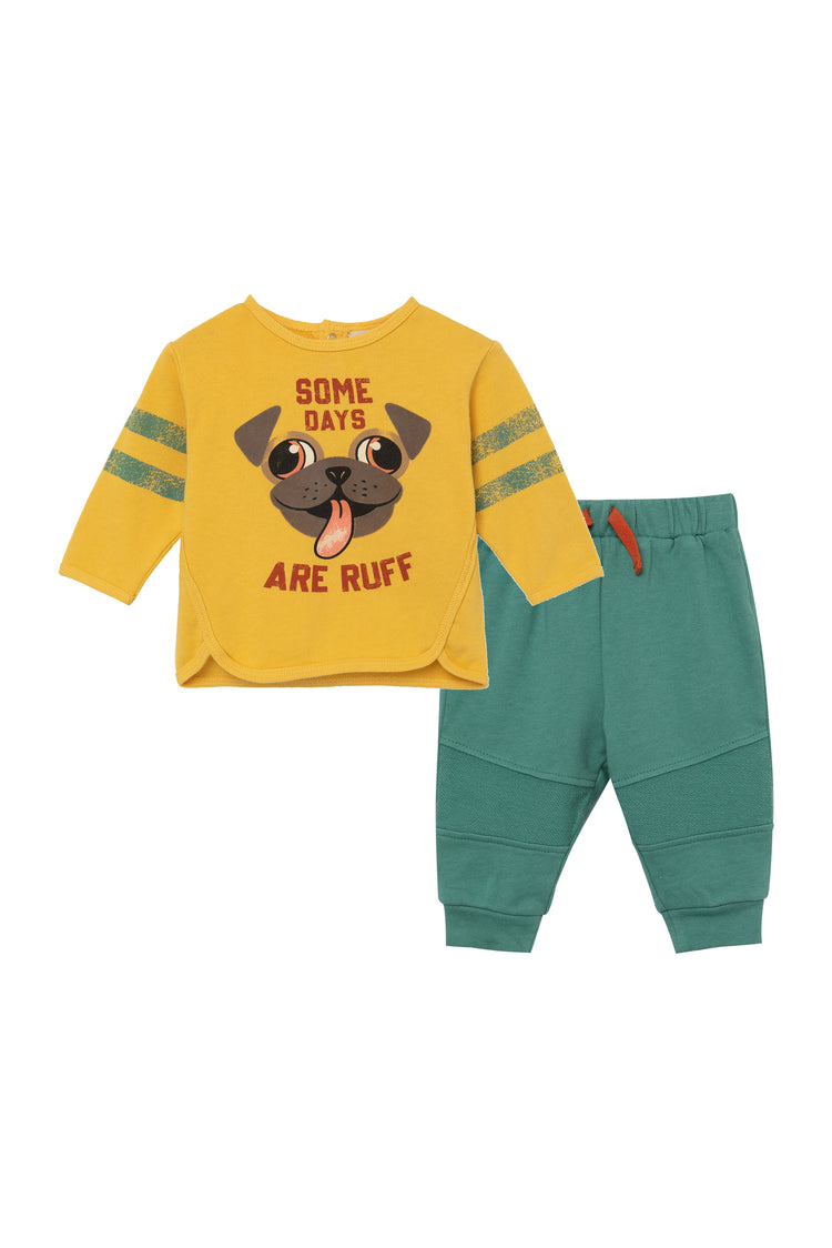 Front view of yellow and green pant and shirt set with "some days are ruff" wording