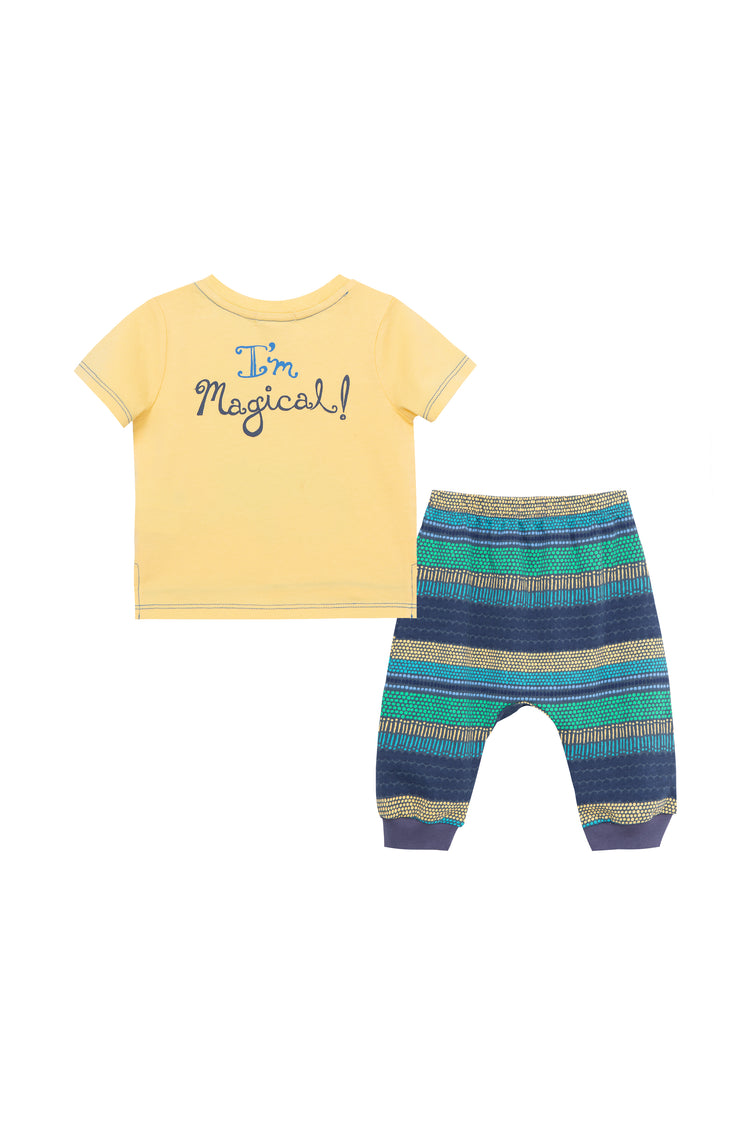 Front view of yellow shirt with "I'm Magical" wording and striped pant set 