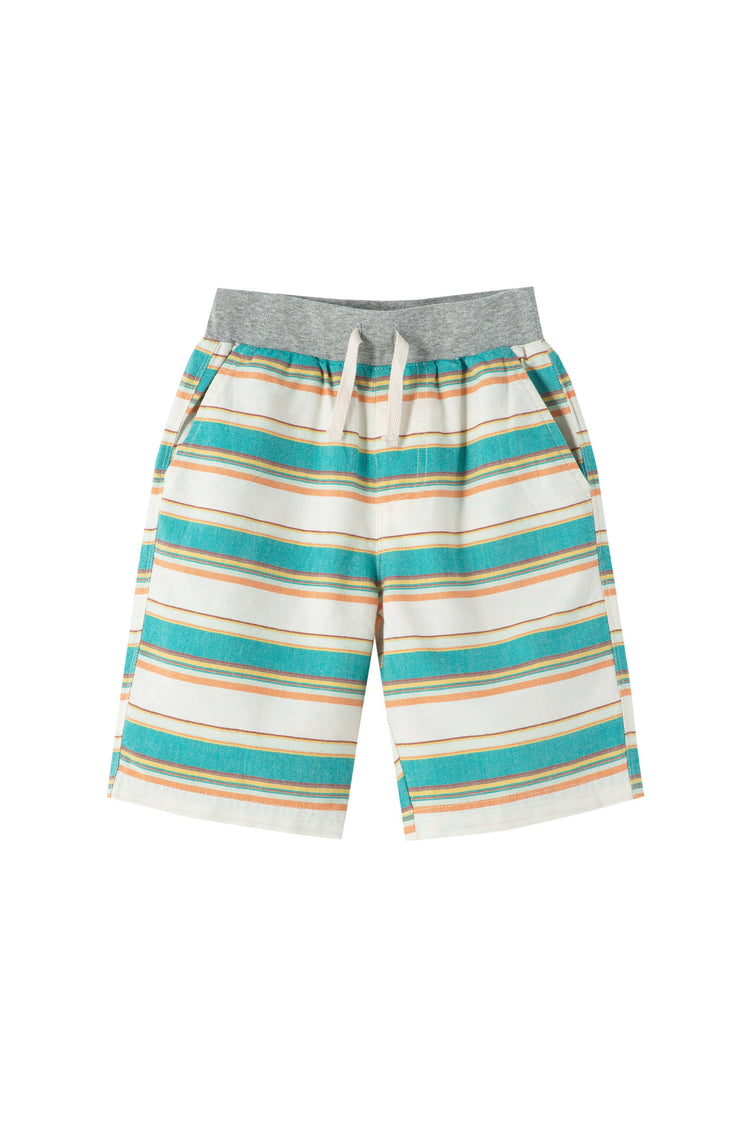 Blue, yellow, red striped shorts with elastic waist and faux drawstring.
