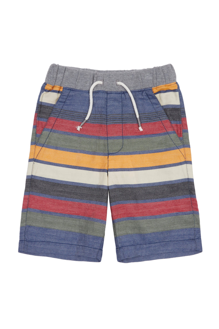 Blue, red and green striped shorts with elastic waist and faux drawstring.