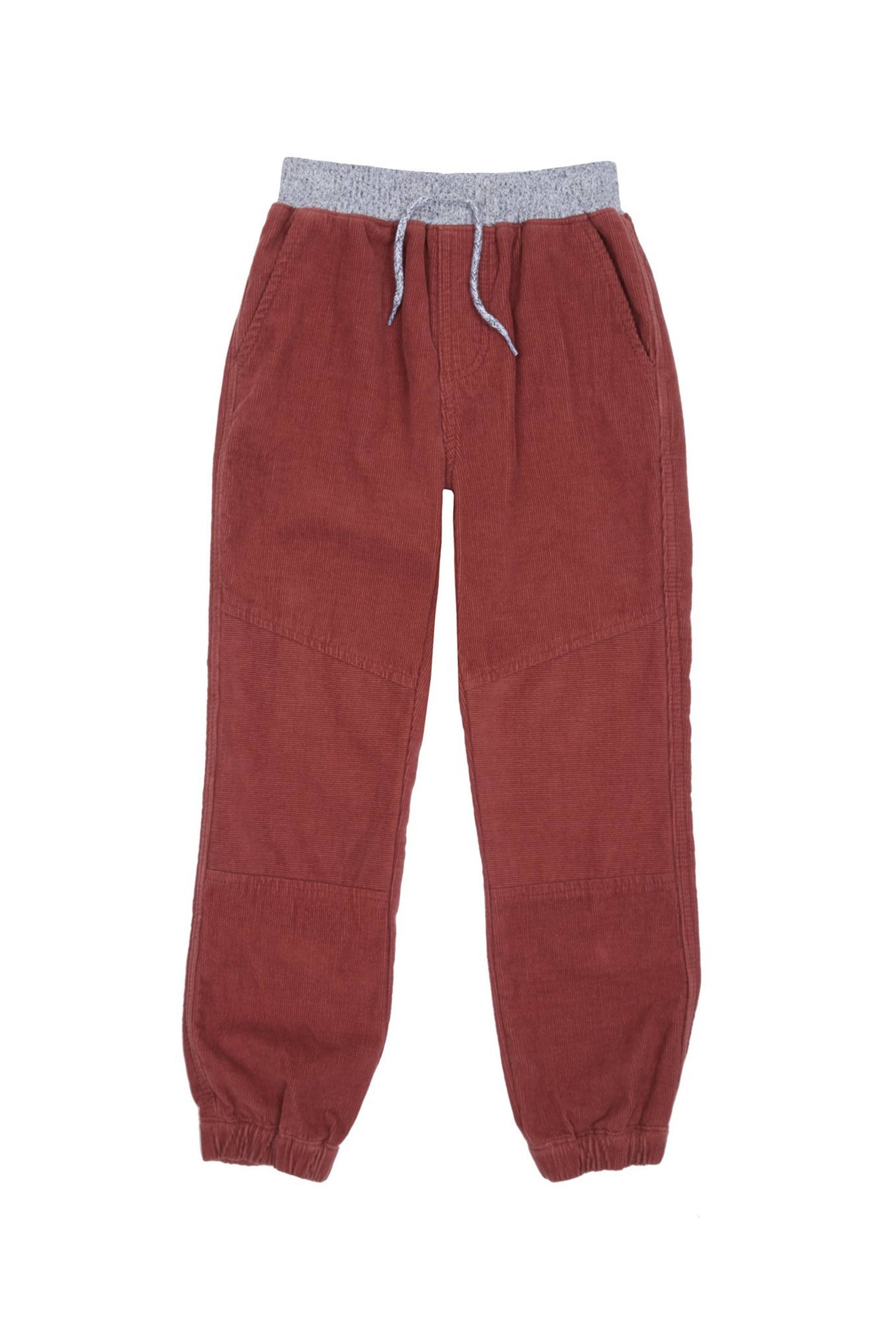 Brown corduroy jogger with gray elastic waist and faux drawstring. 