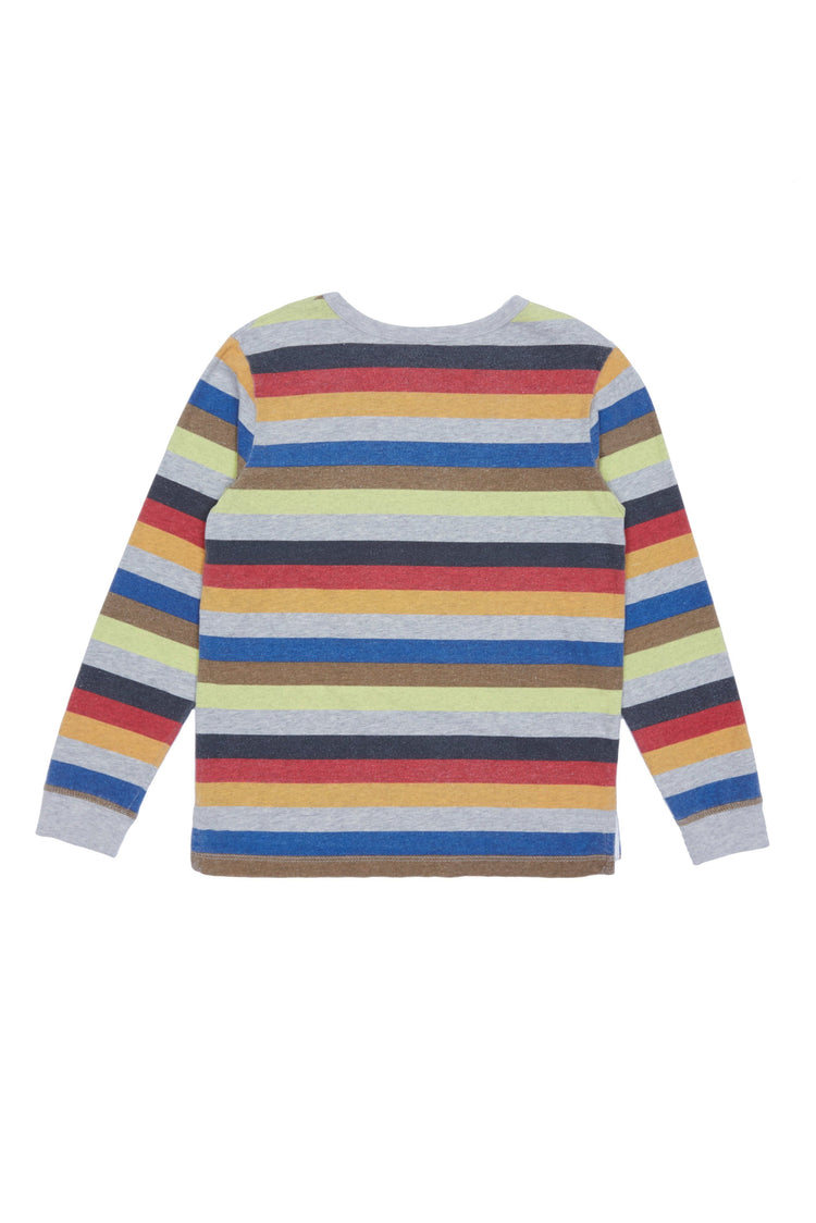 Back of long sleeve multi-color stripe crew next top.