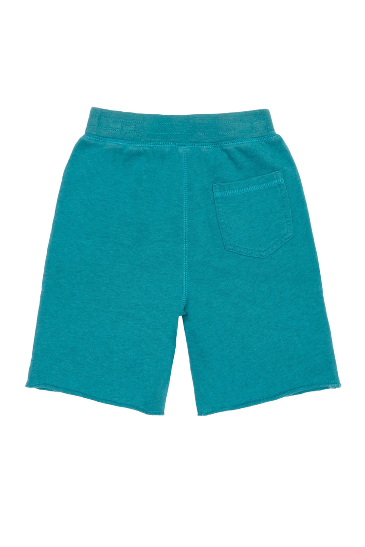 Back of teal-colored, elastic waist knit shorts with one back pocket.