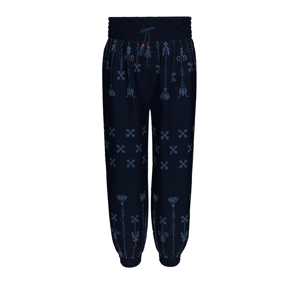 3D image of front view of dark blue jogger with light blue details 