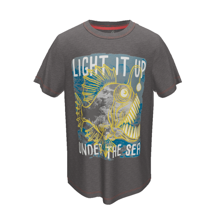 3D VIEW OF DARK GREY T-SHIRT WITH FISH GRAPHIC AND THE WORDS "LIGHT IT UP UNDER THE SEA"