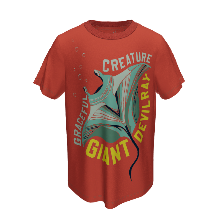3D image of Front view of T-shirt with devil ray image and wording