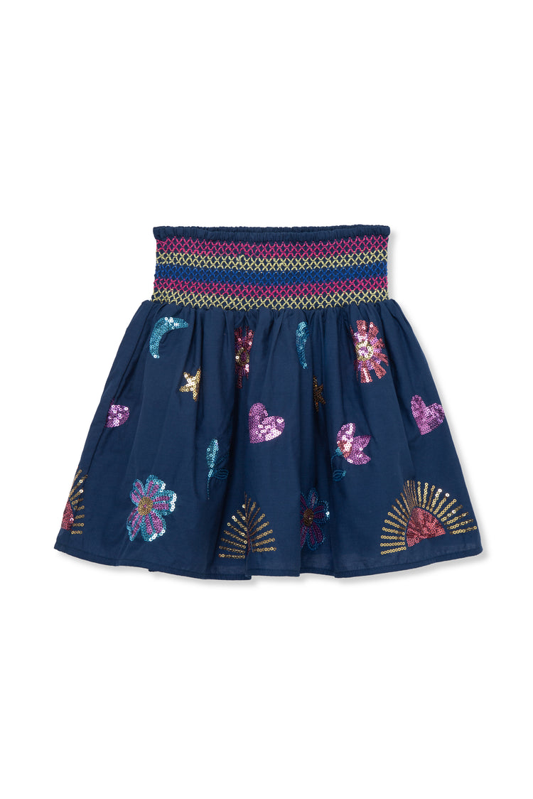 Sequin Appliqué Smocked Waist Skirt