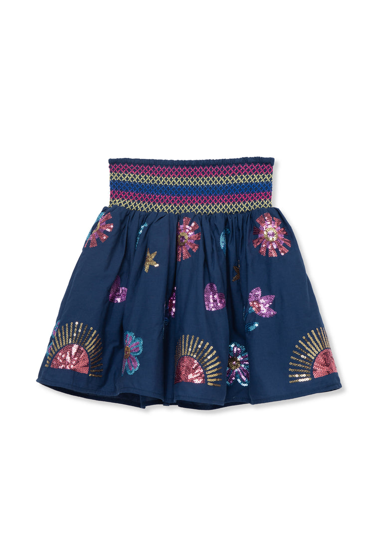 Sequin Appliqué Smocked Waist Skirt