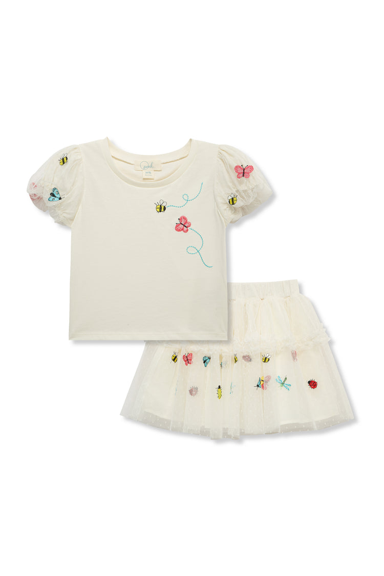 Bug Embroidered Dotted Pixie Skirt Set