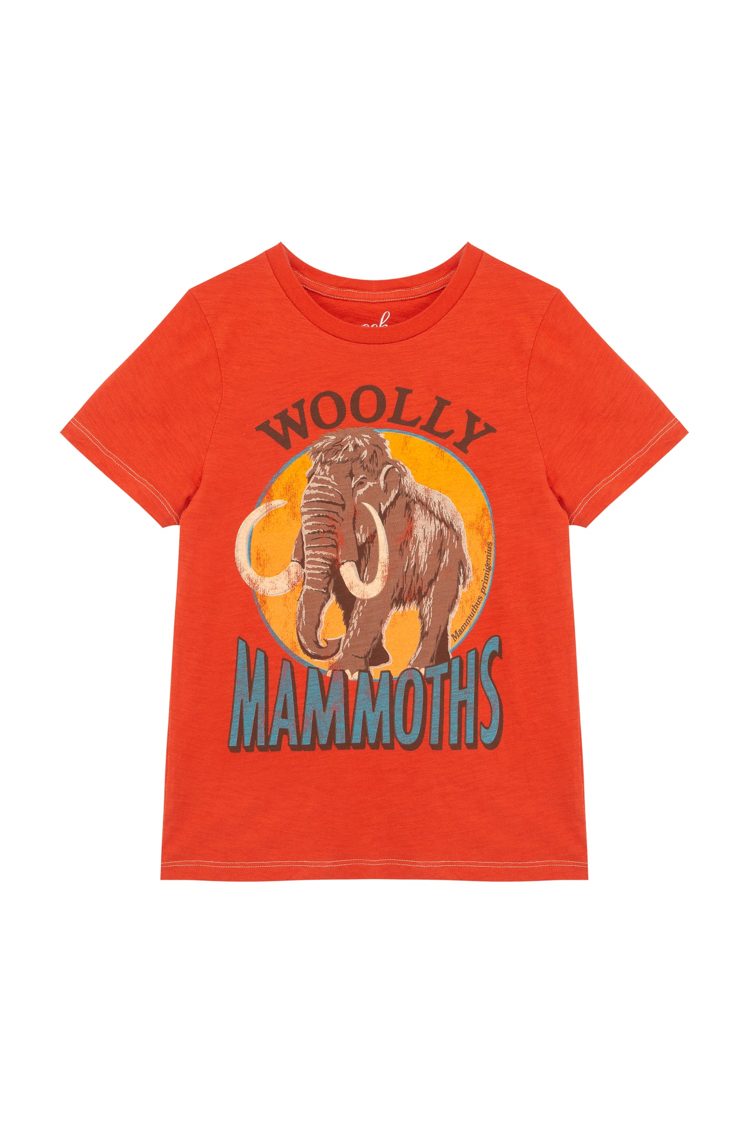 Red t-shirt with illustration of a woolly mammoth and text 'Wooly Mammoth'