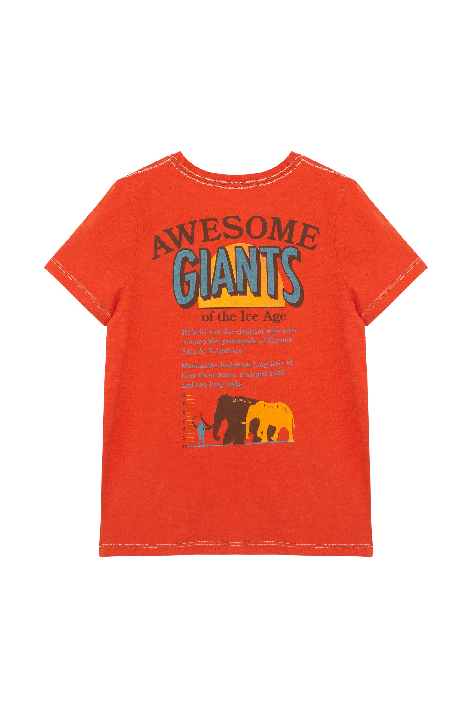 Back of red t-shirt with illustrations and text 'Giants of the Ice Age'
