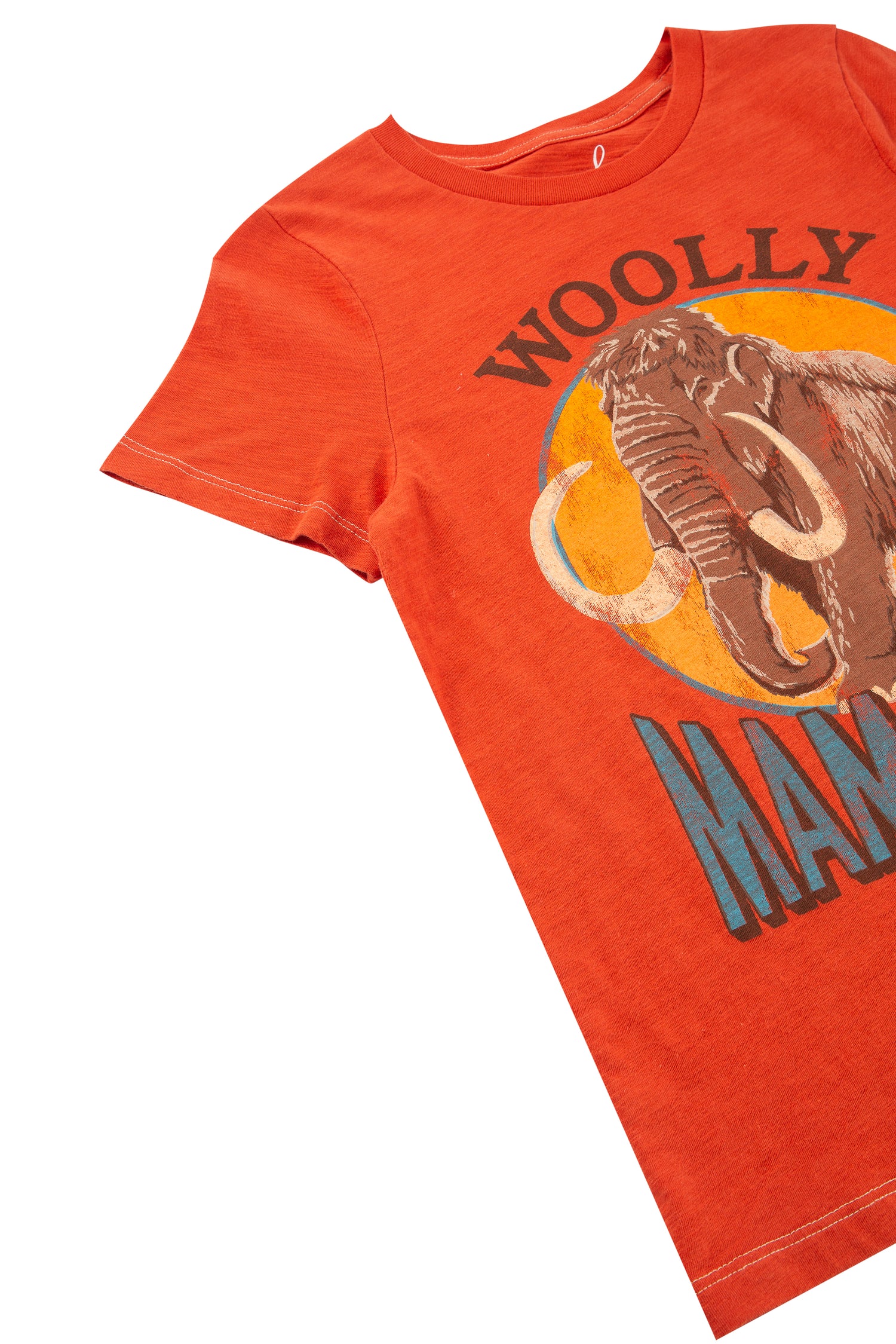 Close up of red t-shirt with illustration of a woolly mammoth and text 'Wooly Mammoth'