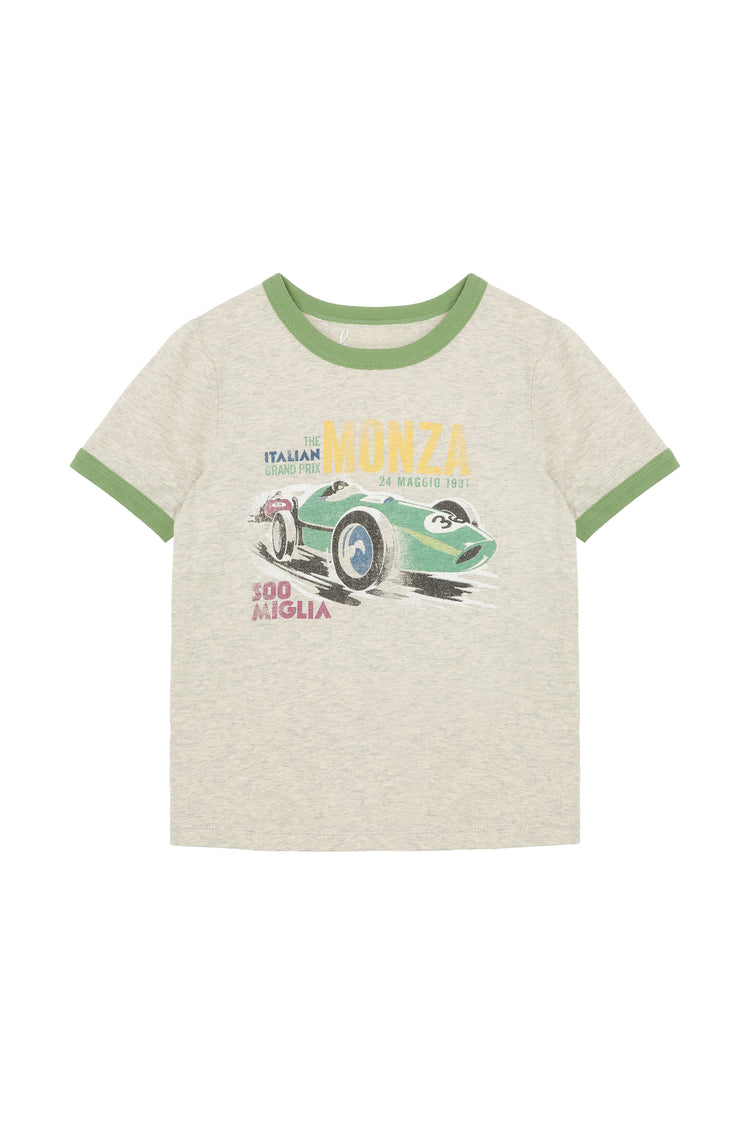 Gray and green t-shirt with "Monza the Italian grand prix" text and illustrated racecar