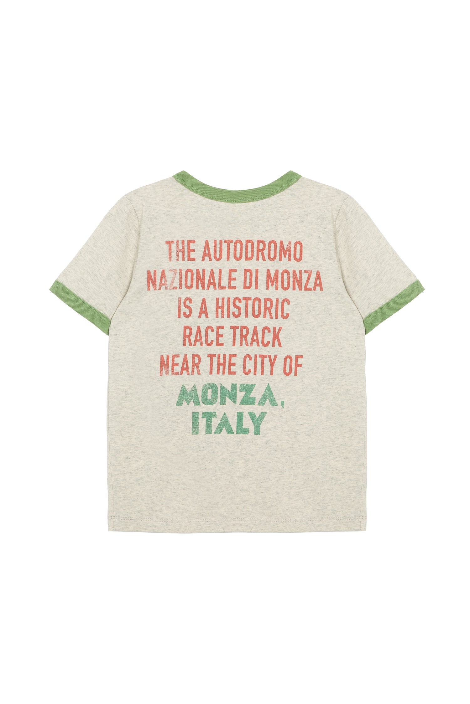 Back of gray and green t-shirt with text about the Monza race track