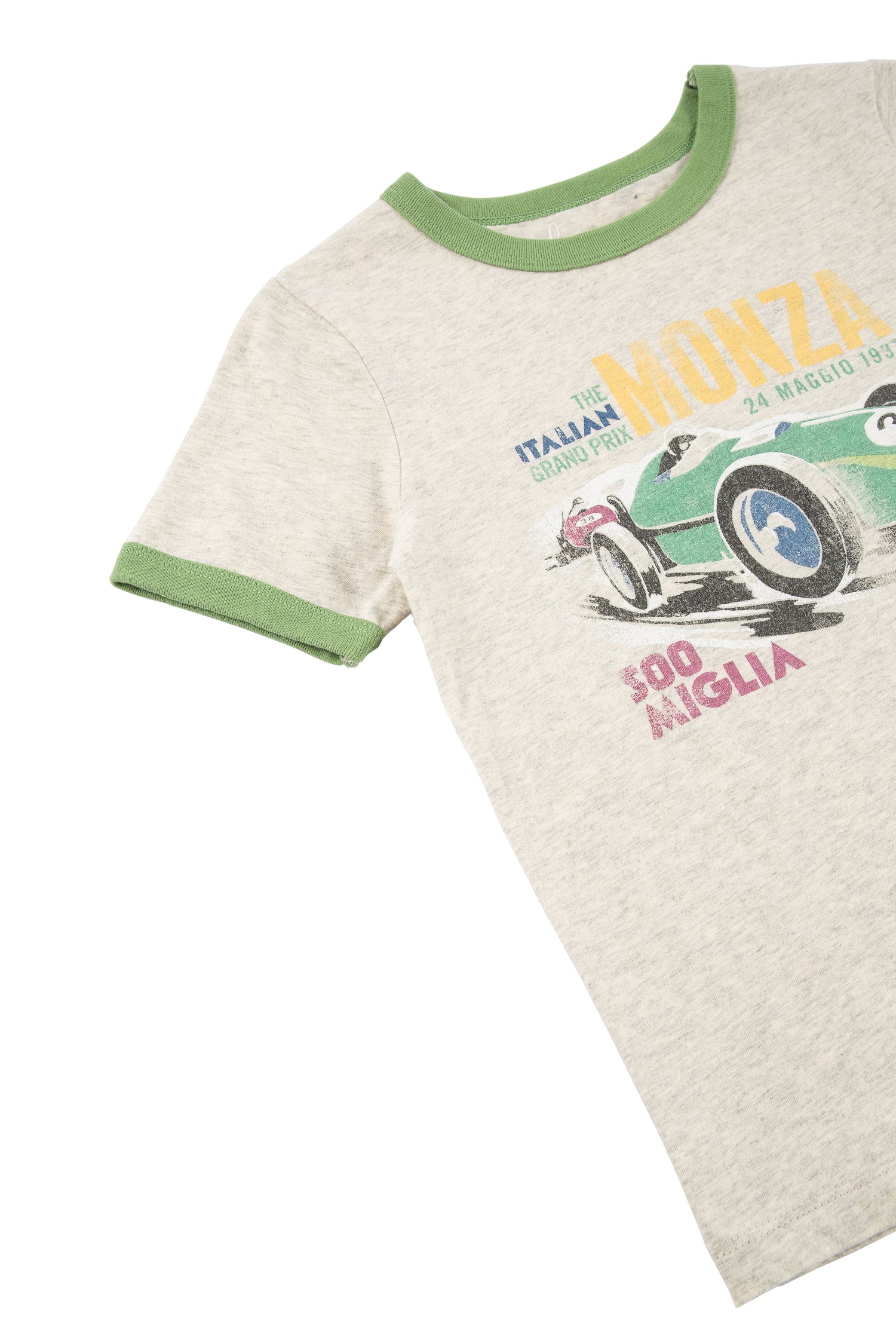 Close up of gray and green t-shirt with "Monza the Italian grand prix" text and illustrated racecar