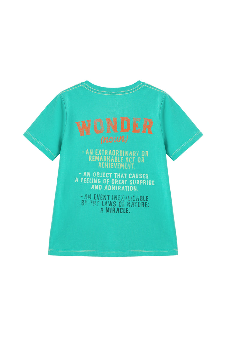 Back of turquoise t-shirt with 'wonder' definition